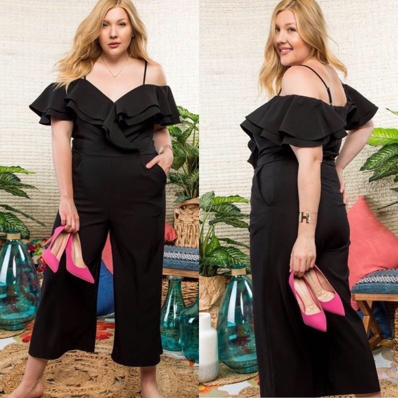 Pants - Curvy Off Shoulder Tulip Ruffle Jumpsuit